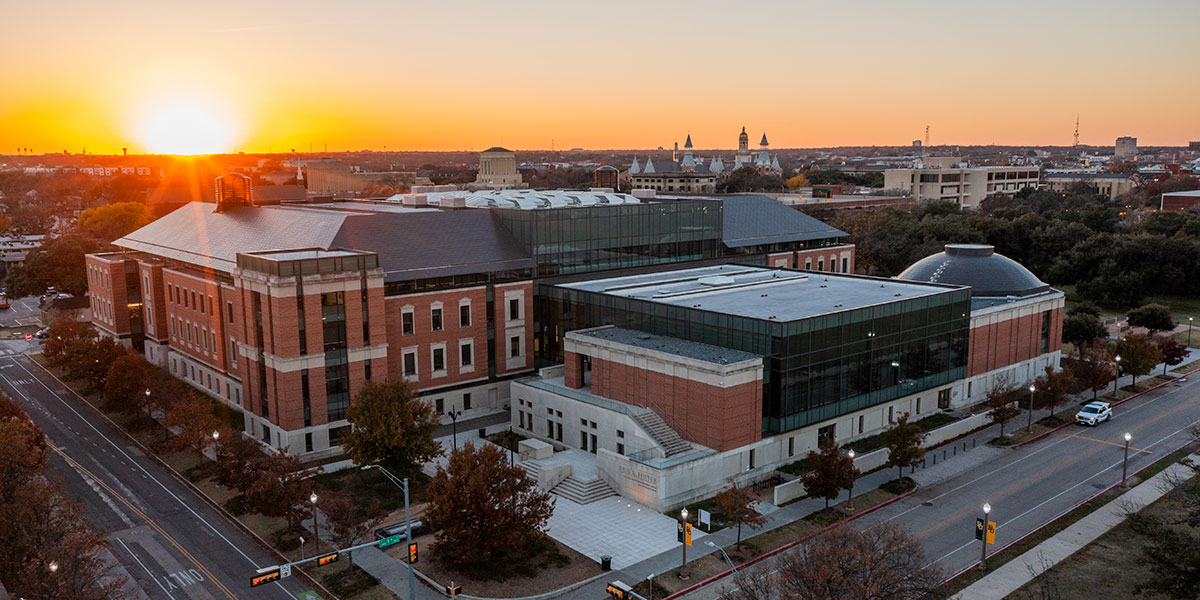 Sunset over Baylor's Foster Campus for Business and Innovation
