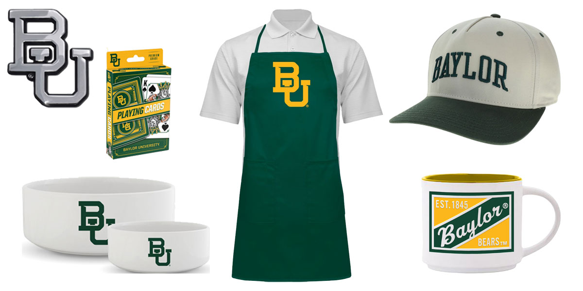 An assortment of Baylor Christmas gift ideas: an auto emblem, playing cards, pet bowl, apron, hat and mug