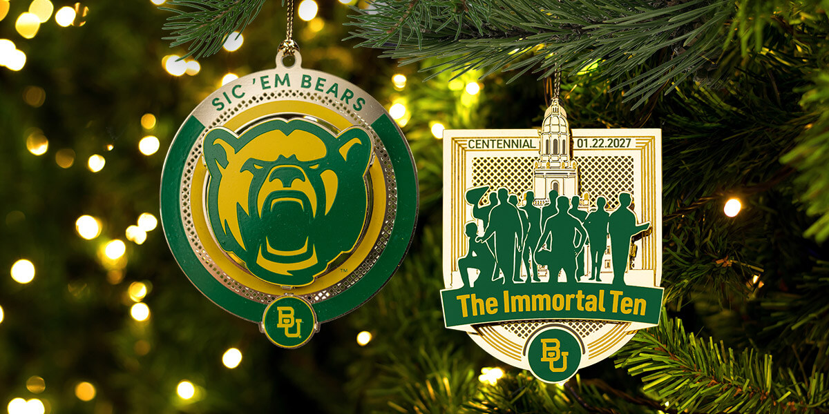 The Baylor Bear Head and Immortal Ten ornaments on a Christmas tree