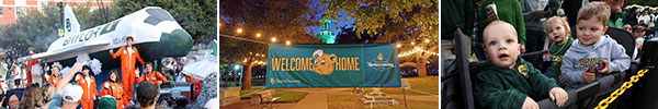 Photos of the Baylor Homecoming parade, a Baylor Homecoming banner on campus, and kids at the parade