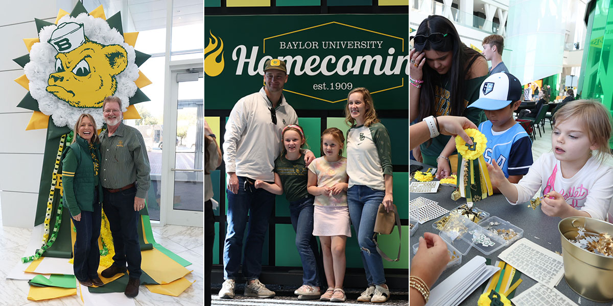 Alumni pose with a giant mum; a family takes a group photo; and kids make Homecoming mums